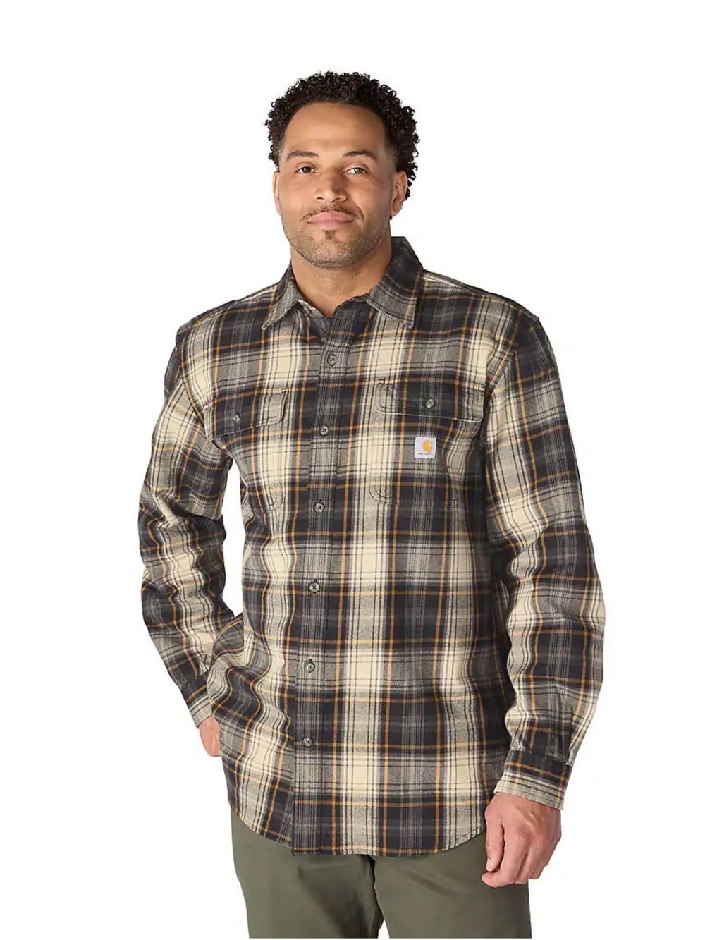Carhartt Men's Grey, Blue and Black Plaid Button-Down Cotton Shirt Relaxed Fit